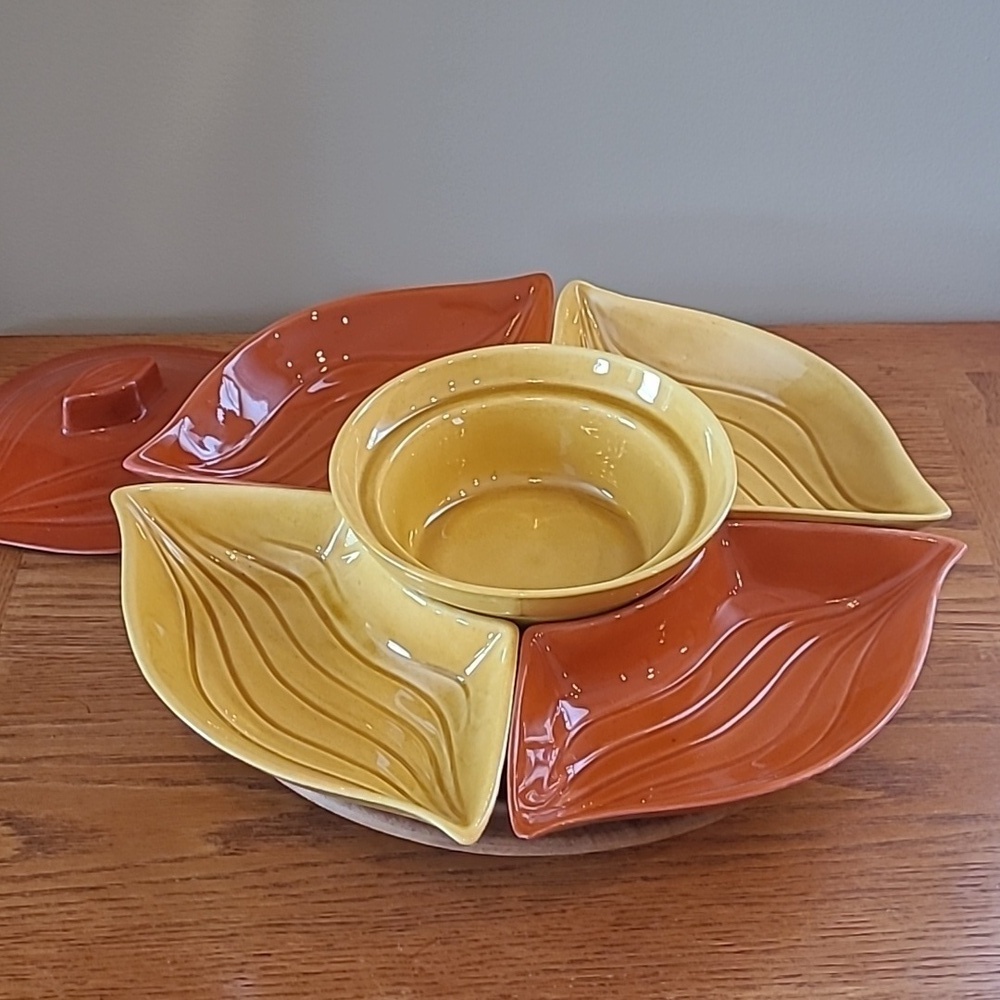 CALIFORNIA POTTERY Vintage MCM Yellow & Burnt Orange Lazy Susan Serving Set - Picture 5 of 17